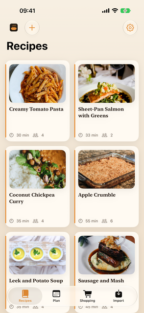 The YumYums recipe library on an iPhone, showing six recipe cards in a grid with photos, cooking times and serving counts.