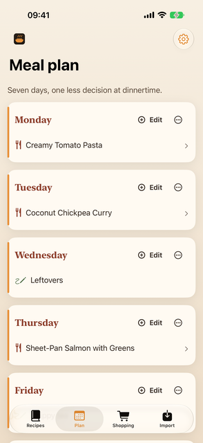 A seven day meal plan, with a recipe on Monday, Tuesday and Thursday and a free-text entry on Wednesday.
