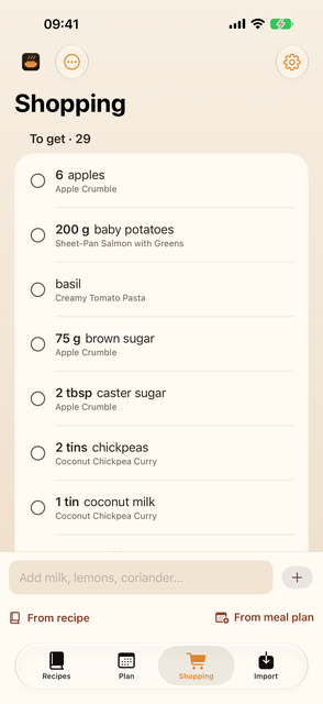 A shopping list with 29 items, each showing a quantity, a grocery name, and the recipe it came from.